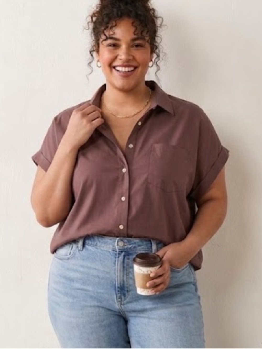 Torrid Women's 0 Double Gauze Button Up Short Sleeve Shirt Top Brown
